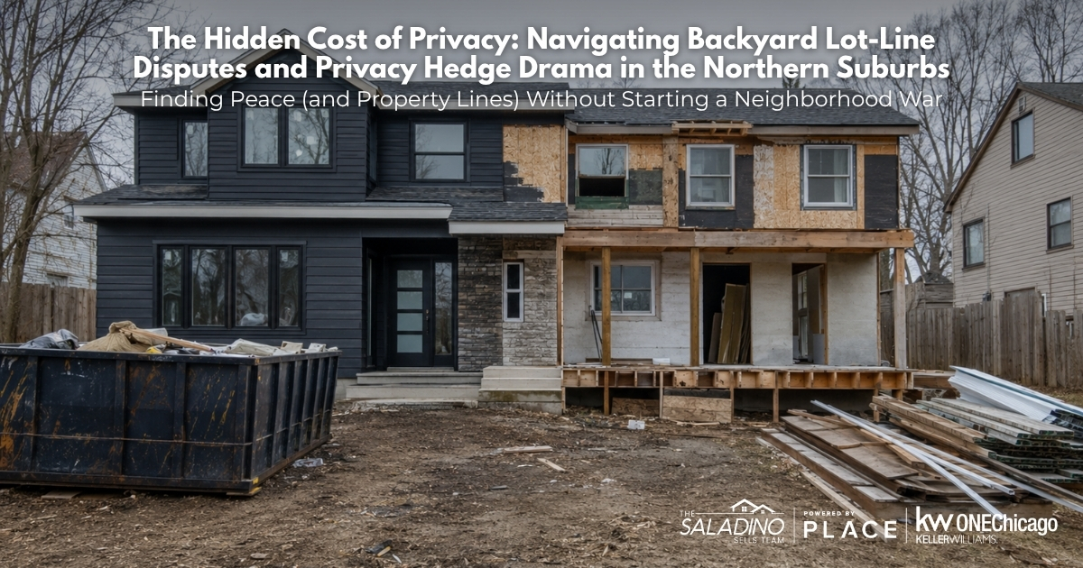An unfinished flipped home under construction with a dumpster in the front yard, featuring a blog banner overlay titled 