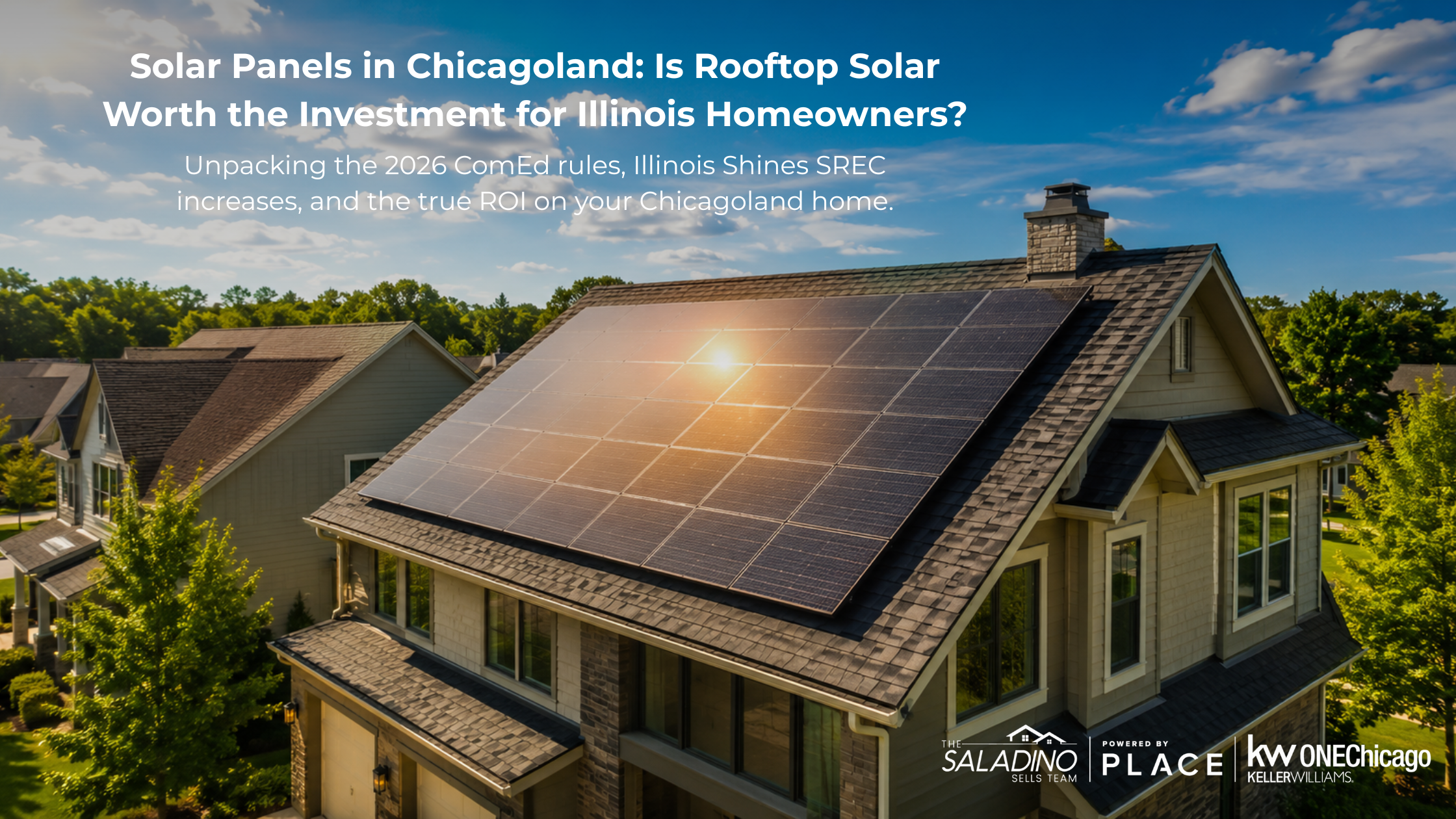 A beautiful suburban Chicagoland home with modern rooftop solar panels installed on a sunny day. The image features overlay text titled 