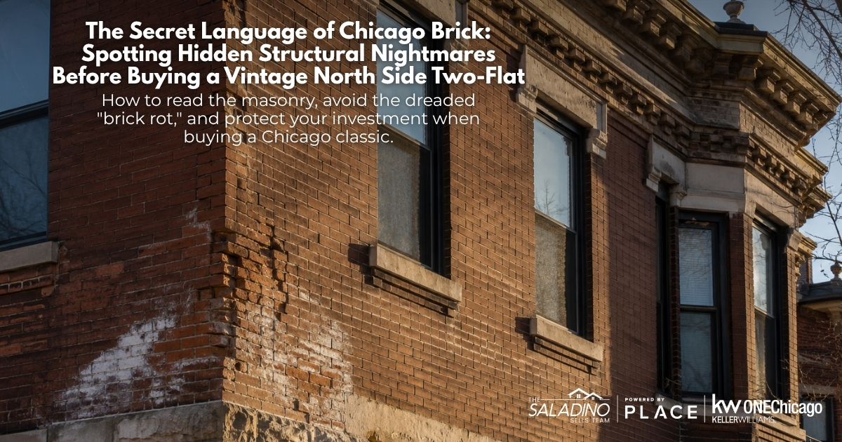Exterior corner of a vintage Chicago brick two-flat building showing severe masonry damage, spalling, and white efflorescence staining on the side wall, overlaid with text for a Saladino Sells Team blog post.