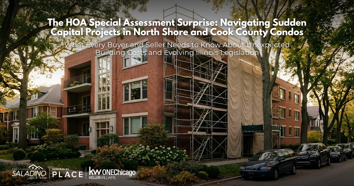 A classic brick multi-family condo building in Cook County with active construction scaffolding on the exterior, illustrating a building undergoing a major capital project or special assessment repair.