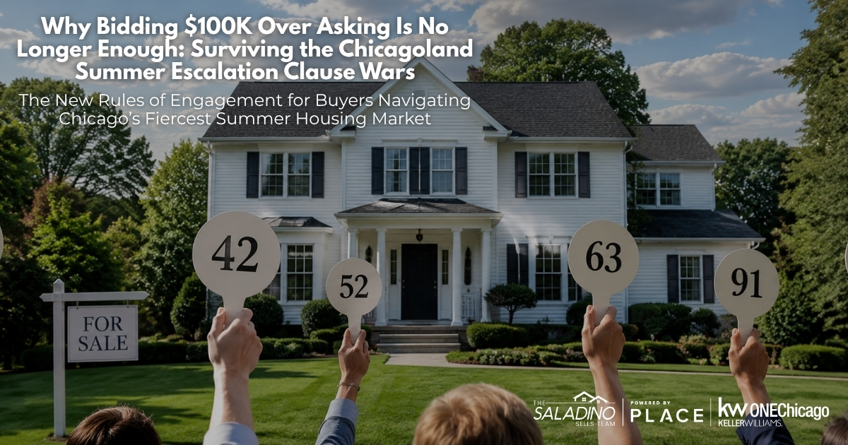 A large white two-story suburban Chicagoland house with a For Sale sign, featuring a crowd of people holding up auction bidding paddles numbered 42, 52, 63, and 91, representing a fierce summer real estate bidding war. The Saladino Sells Team, PLACE, and KW ONEChicago logos are visible in the corner.