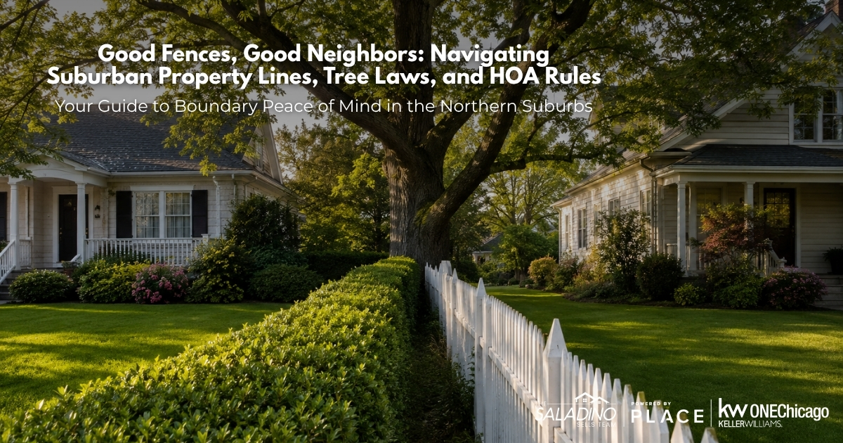 Two suburban houses separated by a white picket fence and a manicured hedge under a large oak tree, representing property lines and tree laws in the Northern Suburbs.