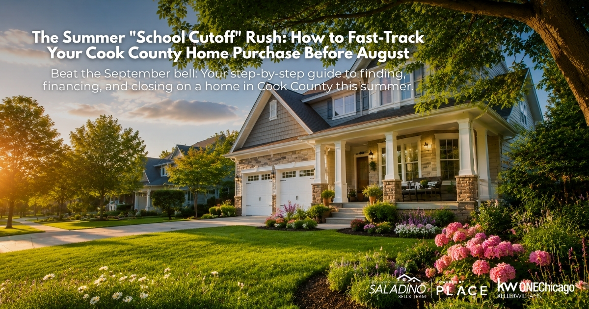 A scenic view of a suburban neighborhood street at sunset. In the foreground is a large, two-story gray craftsman-style house with stone accents, a welcoming front porch, white garage doors, and a lush green lawn bordered by vibrant pink hydrangeas and white wildflowers. Overlay text displays the blog title about fast-tracking a Cook County home purchase before August.