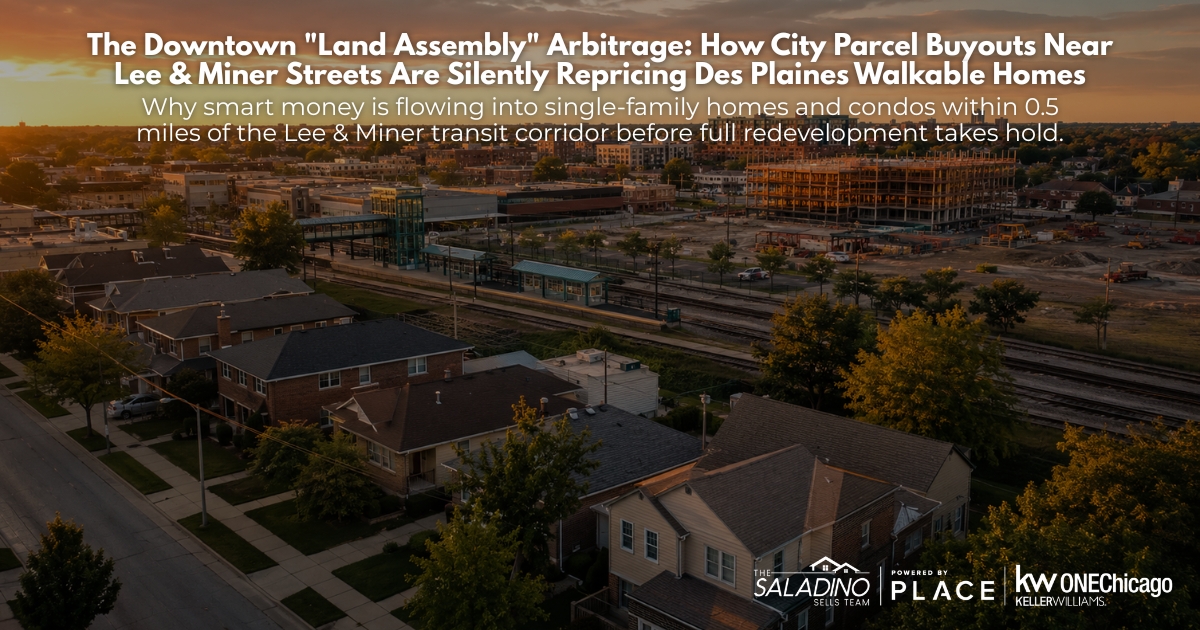Aerial sunset view of downtown Des Plaines residential neighborhoods adjacent to the Metra train station platform and new construction development near Lee and Miner Streets.