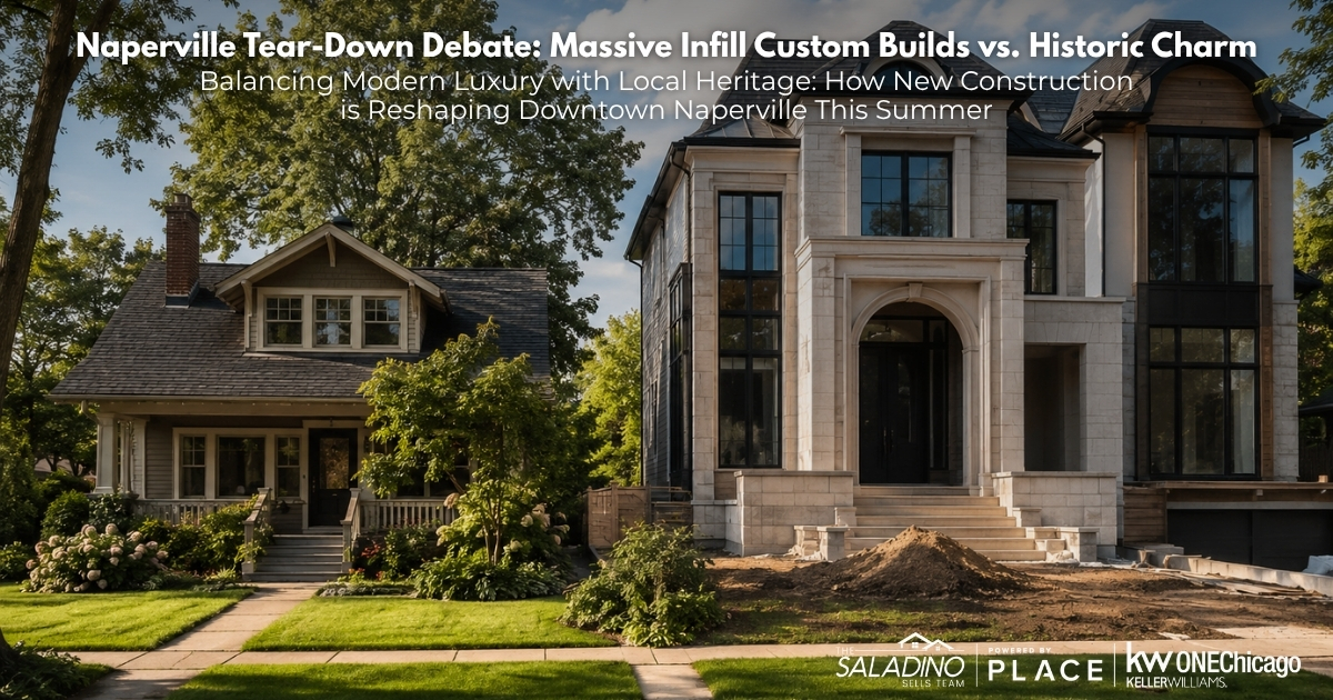 Side-by-side view of a historic craftsman-style bungalow with a green lawn and a newly constructed, massive modern luxury stone estate in Downtown Naperville, illustrating the local custom infill housing debate.
