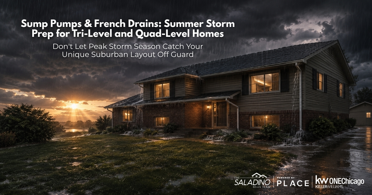 A split-level suburban home during a heavy summer rainstorm at sunset, with water rushing from the gutters. Text overlay reads: Sump Pumps and French Drains: Summer Storm Prep for Tri-Level and Quad-Level Homes. Features The Saladino Sells Team logo.