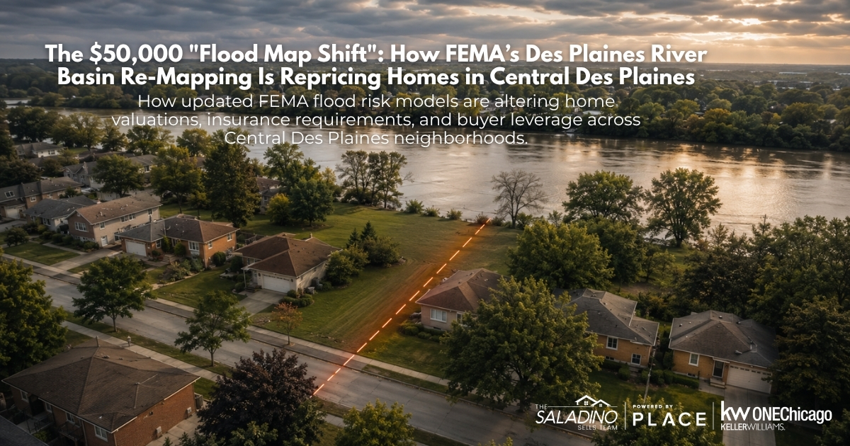 Aerial view of a residential neighborhood along the Des Plaines River with an illuminated red flood boundary line running through properties. Text overlays title: The $50,000 Flood Map Shift: How FEMA's Des Plaines River Basin Re-Mapping Is Repricing Homes in Central Des Plaines, alongside logos for The Saladino Sells Team, PLACE, and KW ONEChicago.