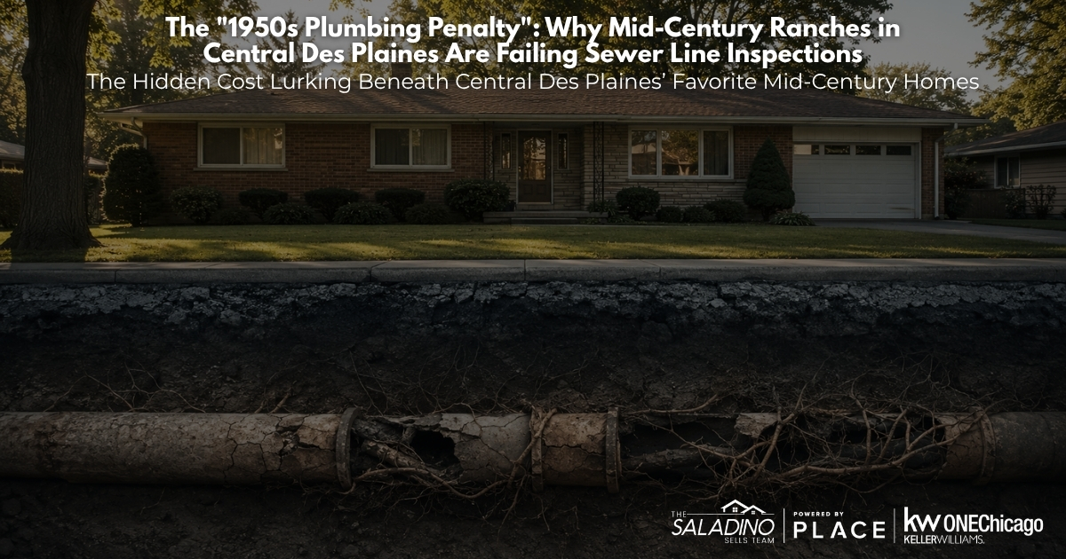Split cross-section illustration showing a mid-century brick ranch home in Central Des Plaines above ground, with a damaged, cracked sewer pipe filled with tree roots visible beneath the soil.
