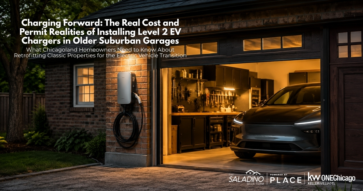 An electric car parked inside a well-lit, brick suburban garage with a Level 2 EV charging station mounted on the exterior wall. Text overlay displays the blog title 