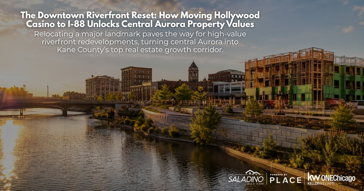 Sunset view of the downtown Aurora Fox Riverwalk featuring new real estate construction, historic buildings, and a bridge, branded for The Saladino Sells Team.