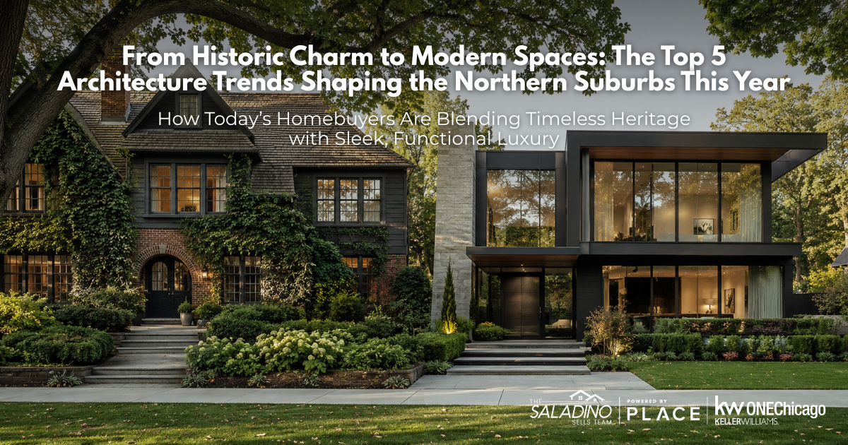Modern rear addition on a historic luxury home in the Northern Suburbs. The architectural design contrasts a traditional ivy-clad brick house with a contemporary glass and steel extension, demonstrating luxury home design trends by The Saladino Sells Team, Keller Williams ONEChicago.