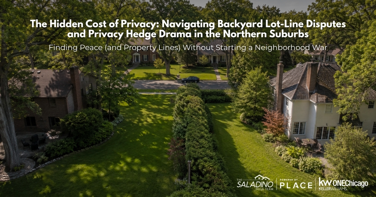 Aerial view of luxury suburban homes in the Northern Suburbs with lush green lawns separated by a tall, dense privacy hedge, used as a blog banner for The Saladino Sells Team.
