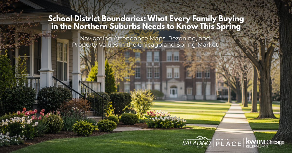 A scenic spring morning in a Chicago northern suburb neighborhood featuring a charming house with a front porch, blooming tulips, a lush green lawn, and a classic brick school building visible in the background. Overlay text reads: 