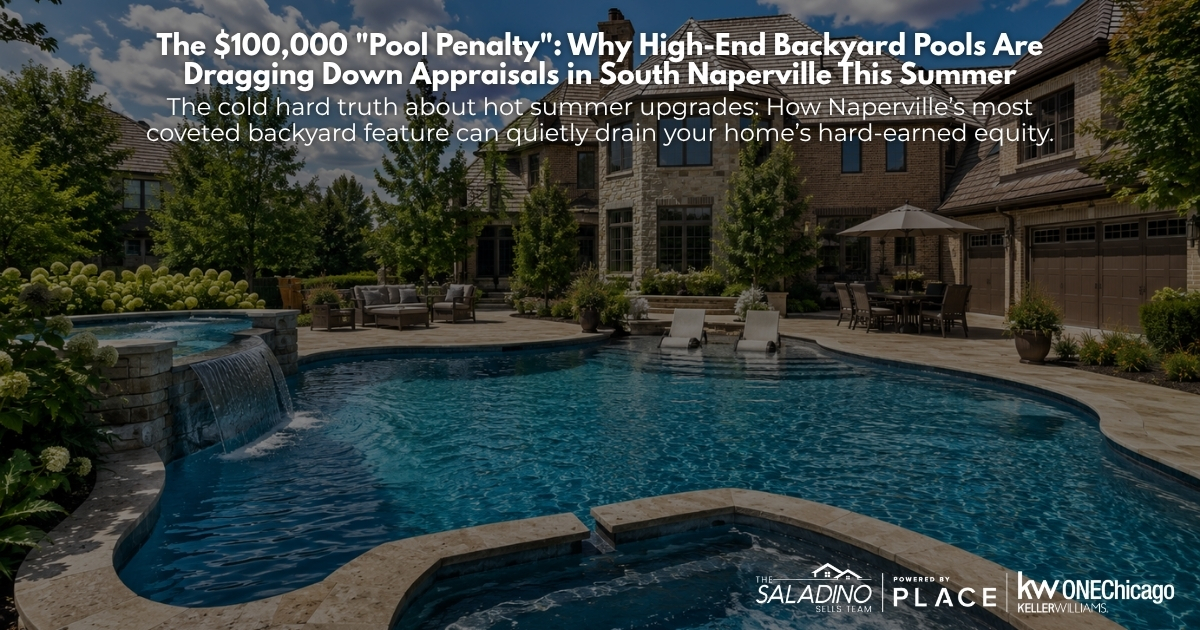 Large custom in-ground swimming pool with a stone waterfall and hot tub in the backyard of a luxury South Naperville estate. Text overlay reads: 