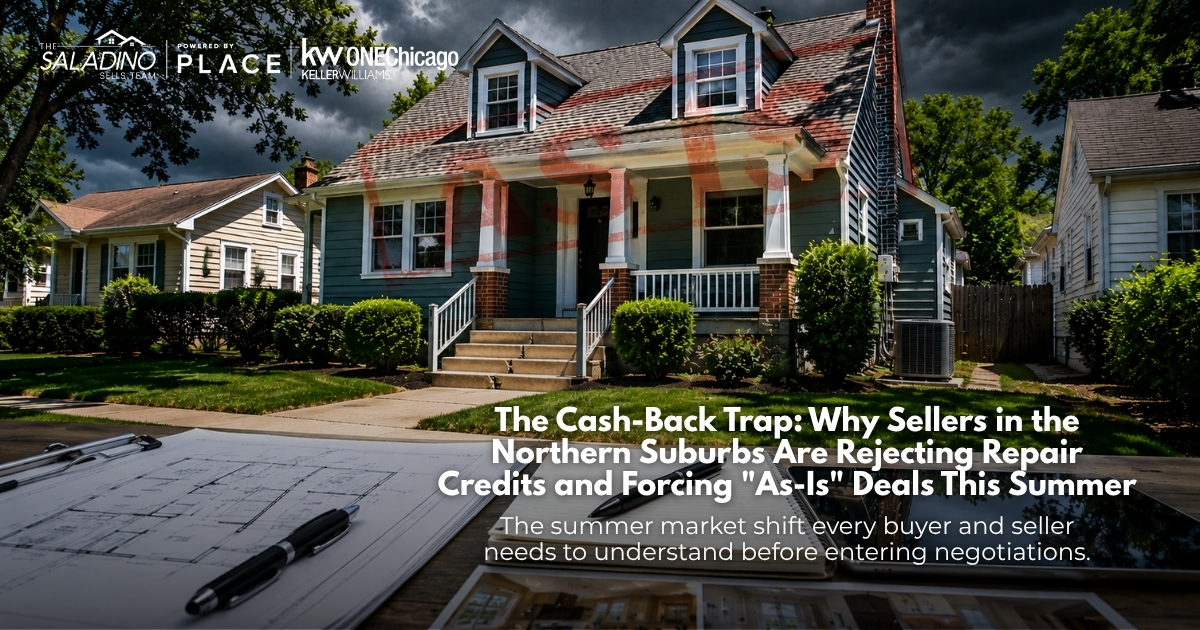 The Saladino Sells Team blog banner regarding Northern Suburbs real estate market trends, showing a residential house, architectural blueprints, and text about sellers forcing as-is home sales over repair credits.