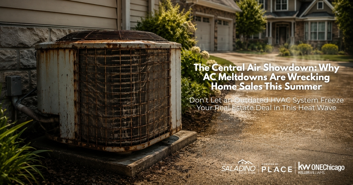 An old, rusty central air conditioner unit sitting outside a suburban home on a bright, sunny summer day, featuring text that reads: The Central Air Showdown: Why AC Meltdowns Are Wrecking Home Sales This Summer. Logos for The Saladino Sells Team, Powered by PLACE, and KW OneChicago Keller Williams are visible in the bottom right corner.