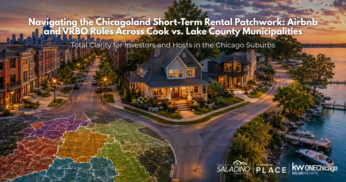 Blog banner for The Saladino Sells Team featuring a split image of a dense Chicago city street skyline on the left and a quiet Lake County waterfront property on the right, overlaid with a colorful zoning map graphic and text reading: Navigating the Chicagoland Short-Term Rental Patchwork: Airbnb and VRBO Rules Across Cook vs. Lake County Municipalities.