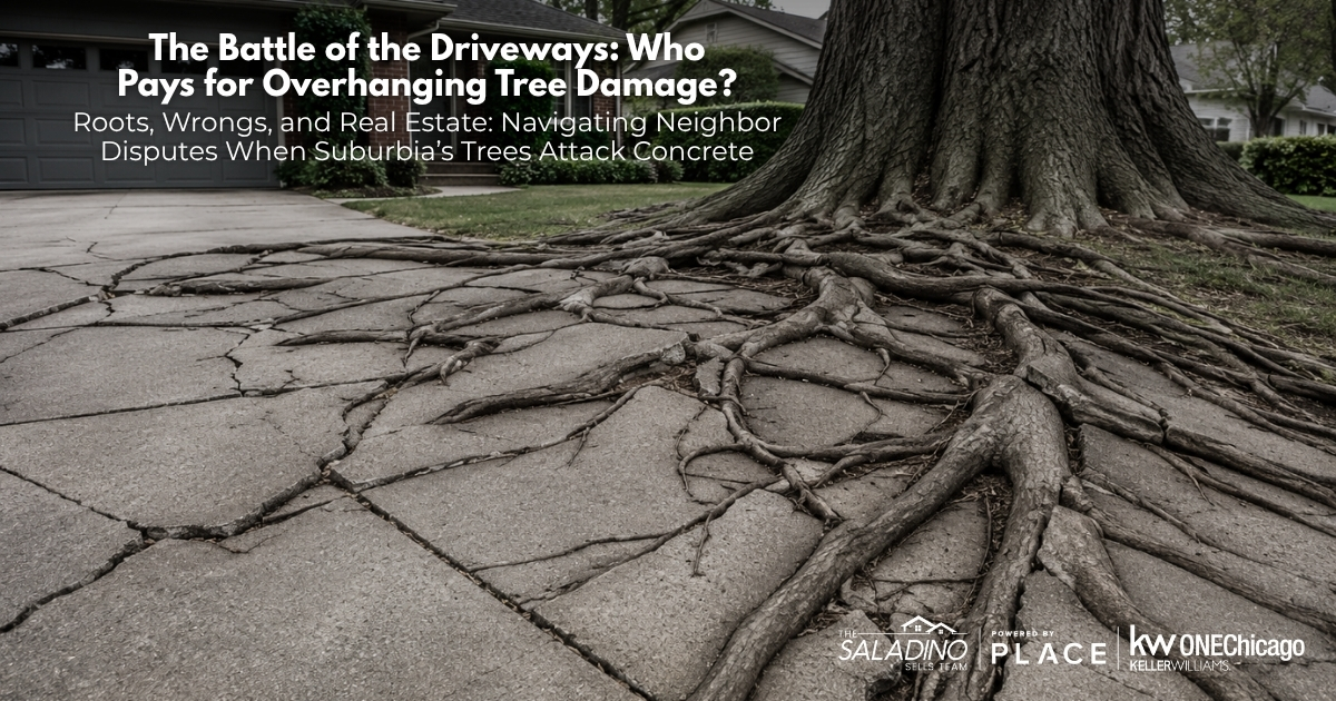 A dramatic wide shot of a suburban home’s concrete driveway completely fractured and upended by a massive, twisting network of thick tree roots extending from an adjacent large tree trunk. The text overlaid on the image reads: 