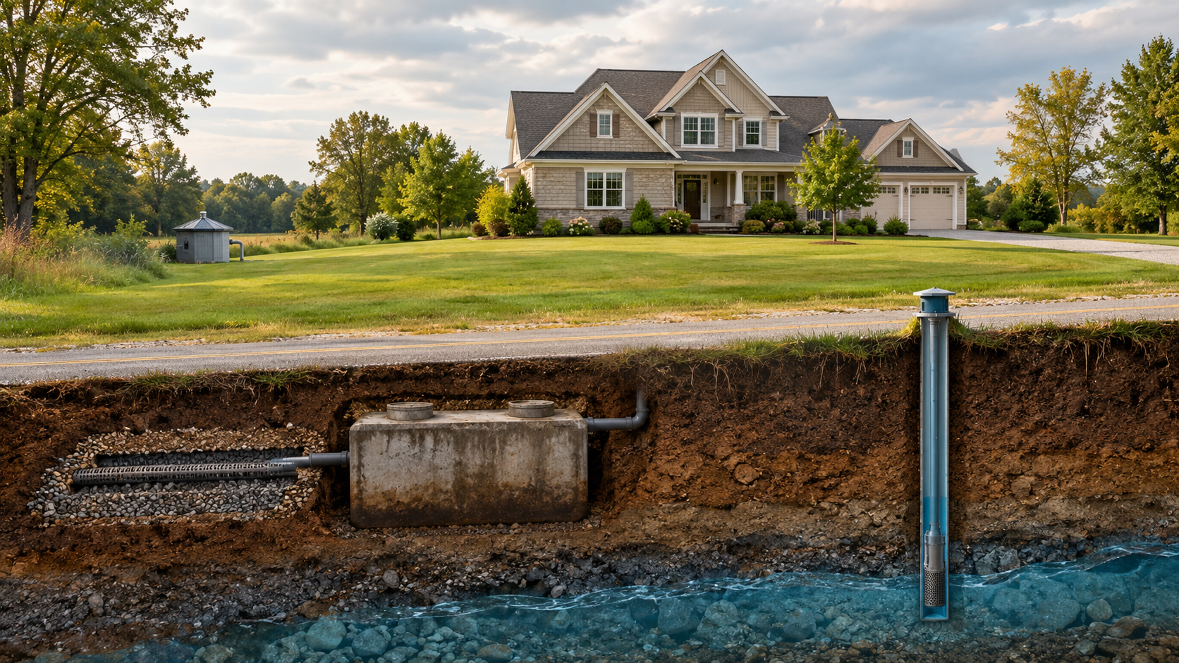 Cross-section diagram of an Unincorporated Aurora real estate home showing underground private septic tank, drain field, and well water system setup.