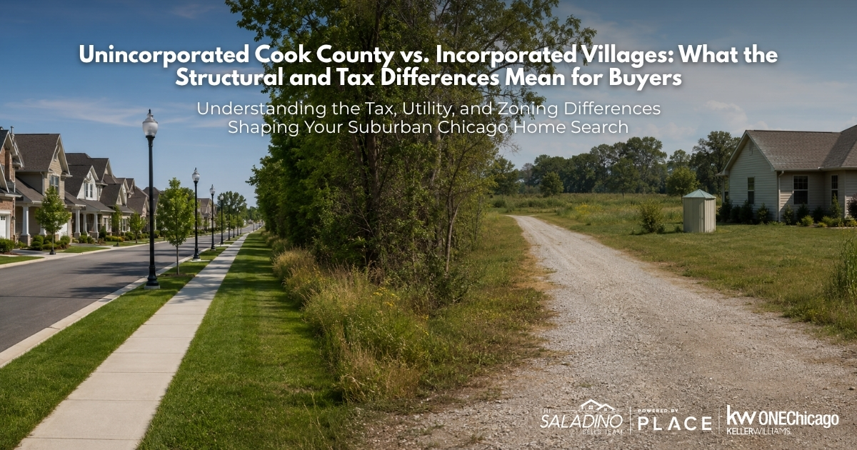 A visual comparison of an incorporated village with paved streets, sidewalks, and streetlights next to an unincorporated Cook County property with a gravel road, showcasing the structural differences for Chicago suburban homebuyers.