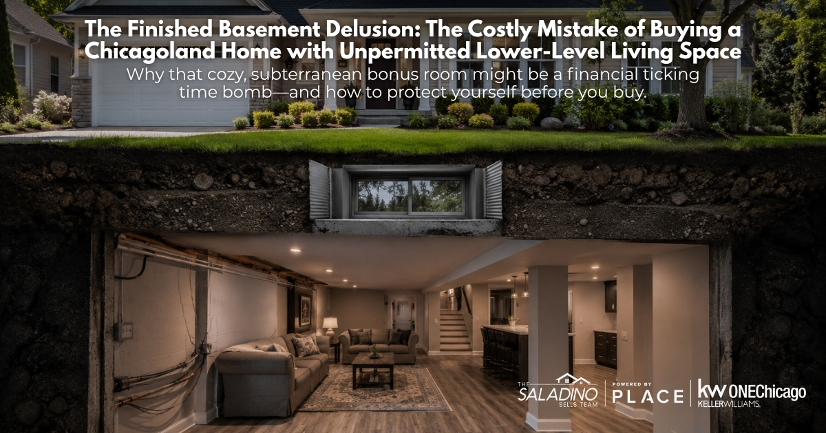 A cross-section view of a Chicagoland home showing a beautiful finished basement living room underground, complete with a sofa, kitchen bar, and an egress window visible through the earth. Text reads: 