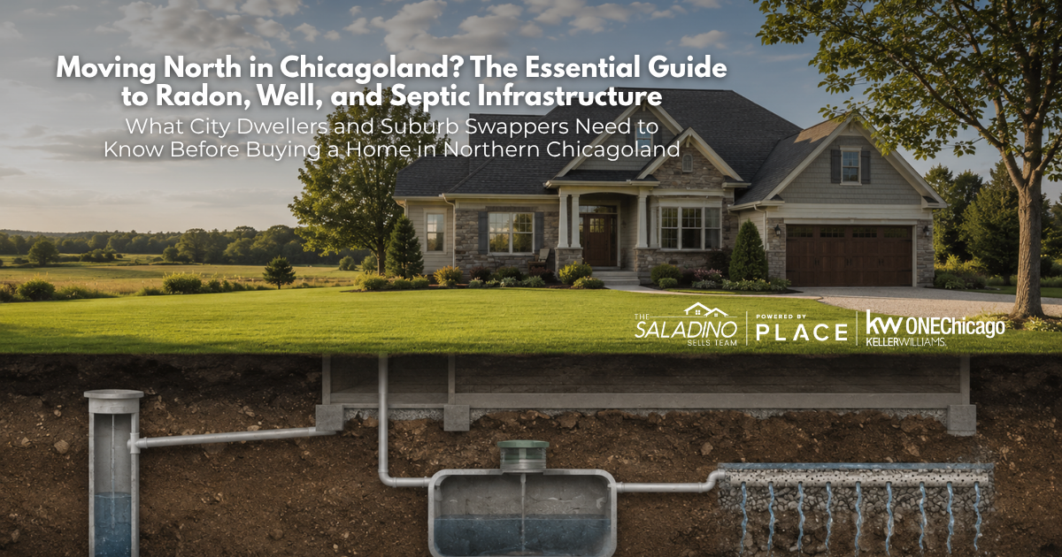 A large suburban home in Northern Chicagoland with a cross-section graphic showing underground well and septic tank infrastructure, featuring text by The Saladino Sells Team about radon, well, and septic guides for homebuyers.