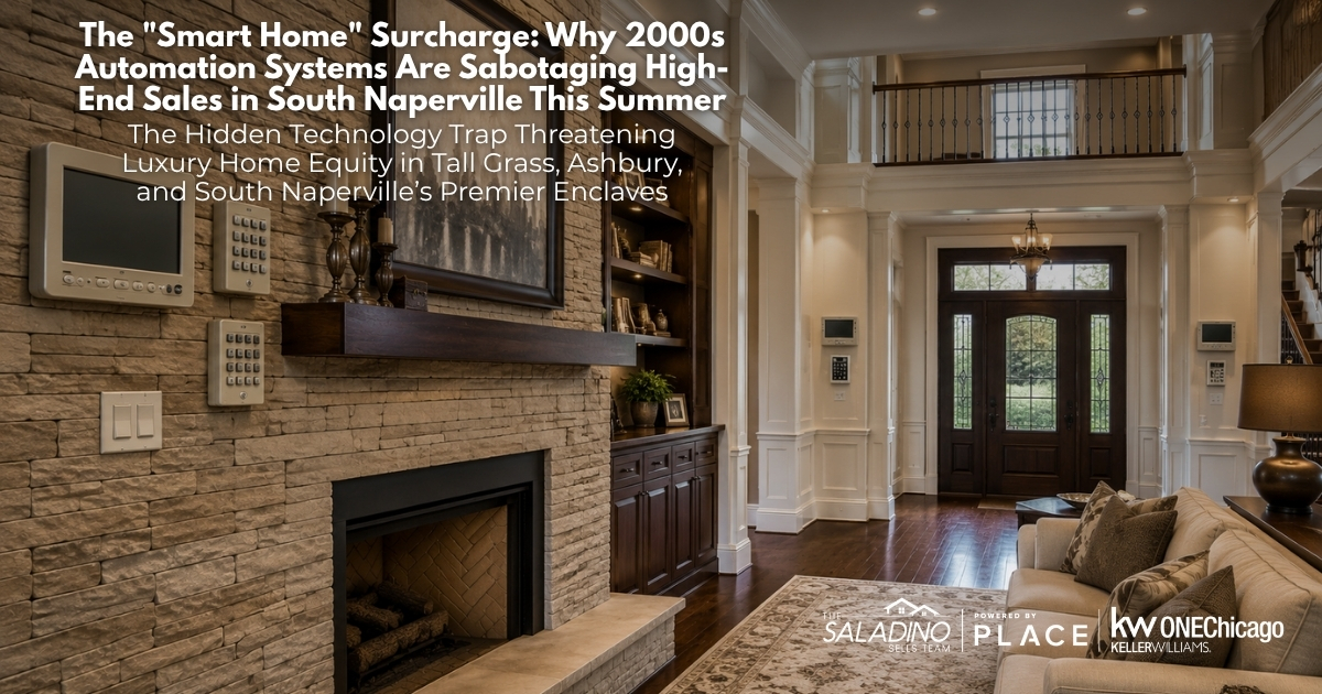 A luxury custom home living room in South Naperville featuring a stone fireplace with outdated 2000s-era smart home automation wall pads and keypads mounted next to it. Text overlay reads: 