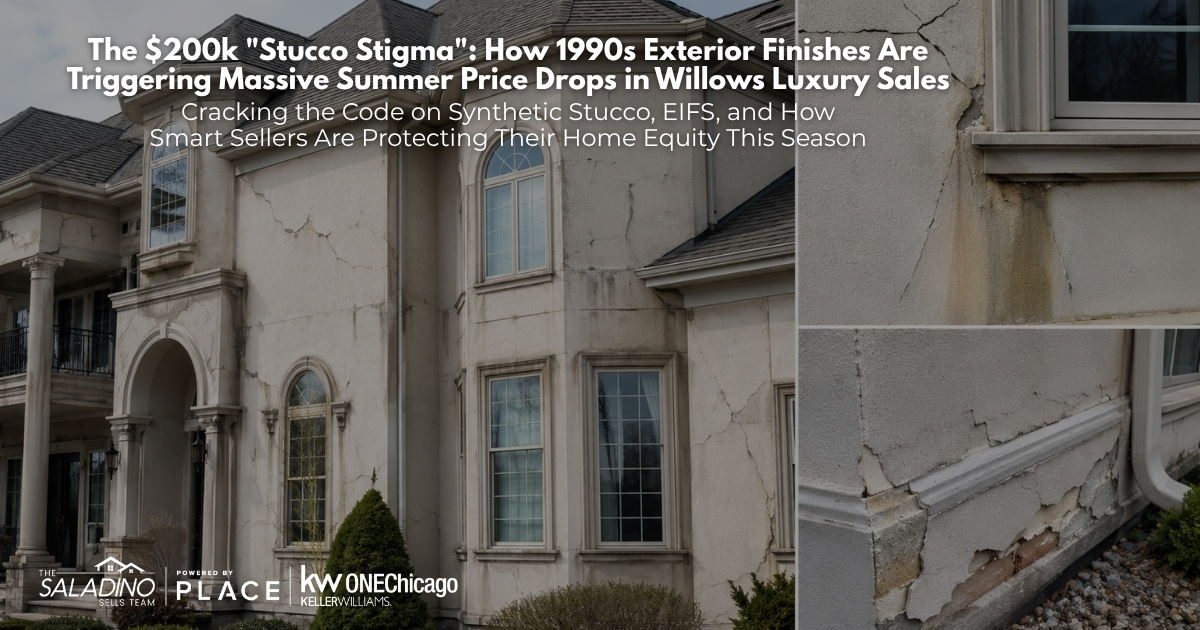 Blog banner for The Saladino Sells Team featuring a large luxury home with cracked, deteriorating 1990s synthetic stucco EIFS exterior. Overlay text reads: 