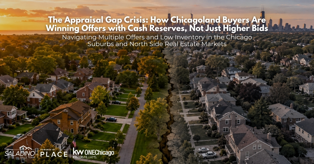 An aerial view of a split Chicagoland suburban neighborhood with the Chicago skyline in the background, featuring blog text overlay titled 