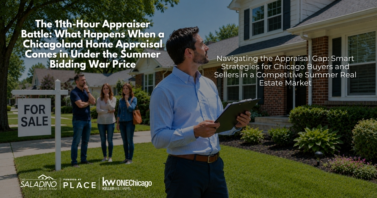 A male real estate appraiser with a clipboard looks at a suburban home facade, while a worried homebuyer couple stands next to a 