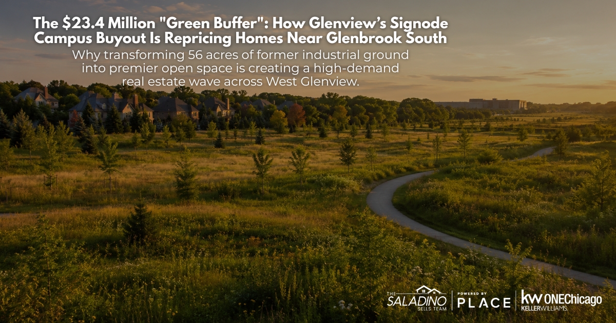 A panoramic, sunset landscape of a green, open field in Glenview, Illinois, with a winding walking path. In the background are residential homes on the left and a commercial building on the right. Overlay text on the image reads: 