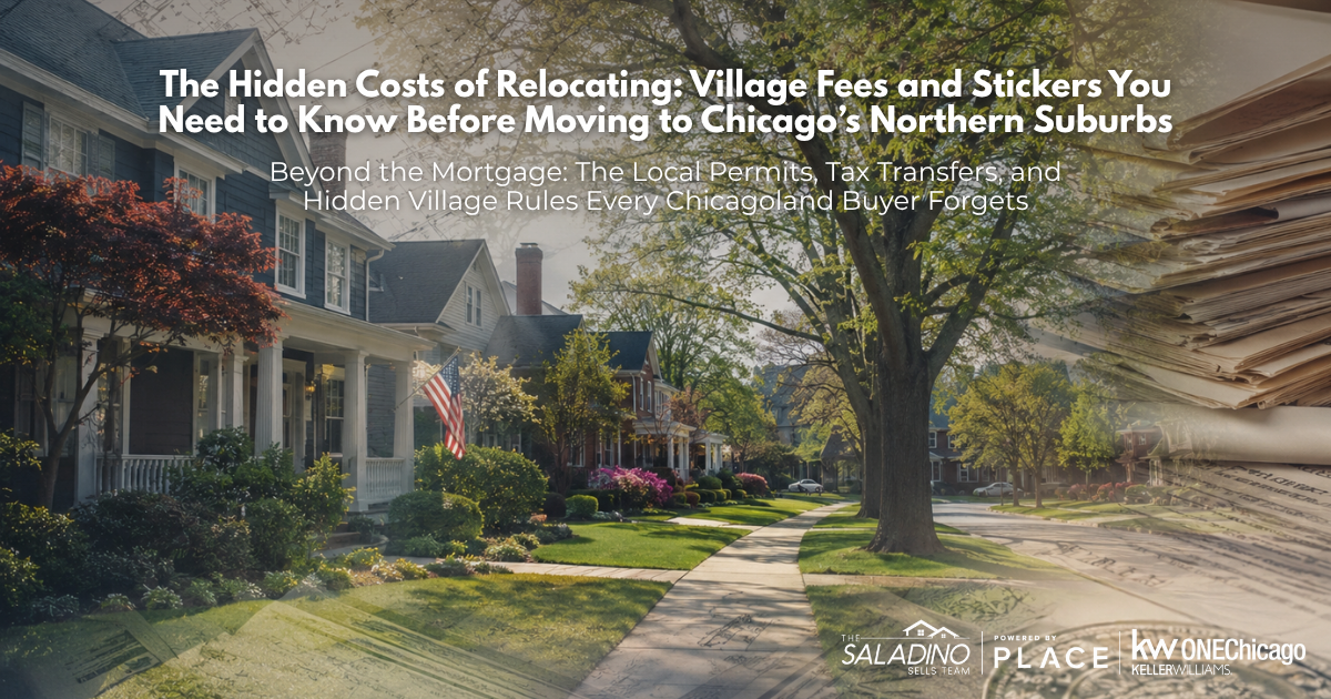 A tree-lined street with beautiful suburban houses in Chicago’s Northern Suburbs, overlaid with text reading 