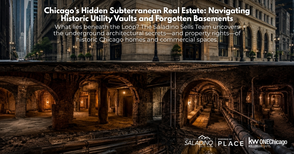 Split image showing historic Chicago street-level architecture on top and a subterranean network of old brick utility vaults and tunnels beneath. Text overlay reads: 