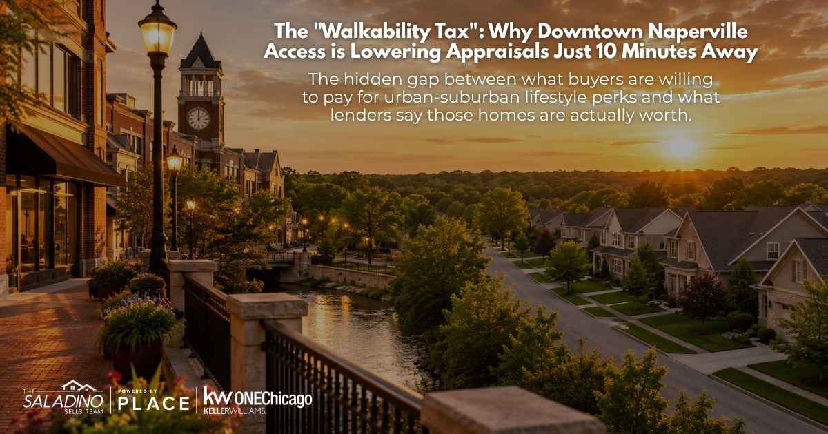 Blog banner showing a split landscape of Downtown Naperville at sunset alongside a suburban neighborhood, with text reading: The 