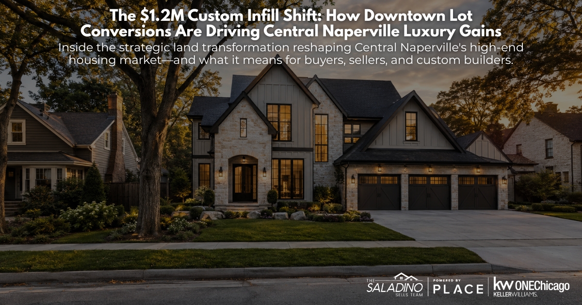 Modern luxury custom infill home in Downtown Naperville with overlay text reading: The $1.2M Custom Infill Shift: How Downtown Lot Conversions Are Driving Central Naperville Luxury Gains.