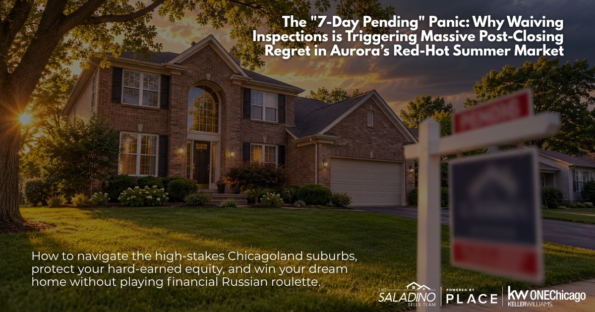 A modern, two-story brick single-family home in a Chicagoland suburb at sunset, featuring a manicured green lawn and a blurred 'Pending' real estate yard sign in the foreground. This banner graphic for The Saladino Sells Team (powered by PLACE and Keller Williams ONEChicago) features the blog title: 'The 7-Day Pending Panic: Why Waiving Inspections is Triggering Massive Post-Closing Regret in Aurora’s Red-Hot Summer Market.' The subtitle reads: 'How to navigate the high-stakes Chicagoland suburbs, protect your hard-earned equity, and win your dream home without playing financial Russian roulette.