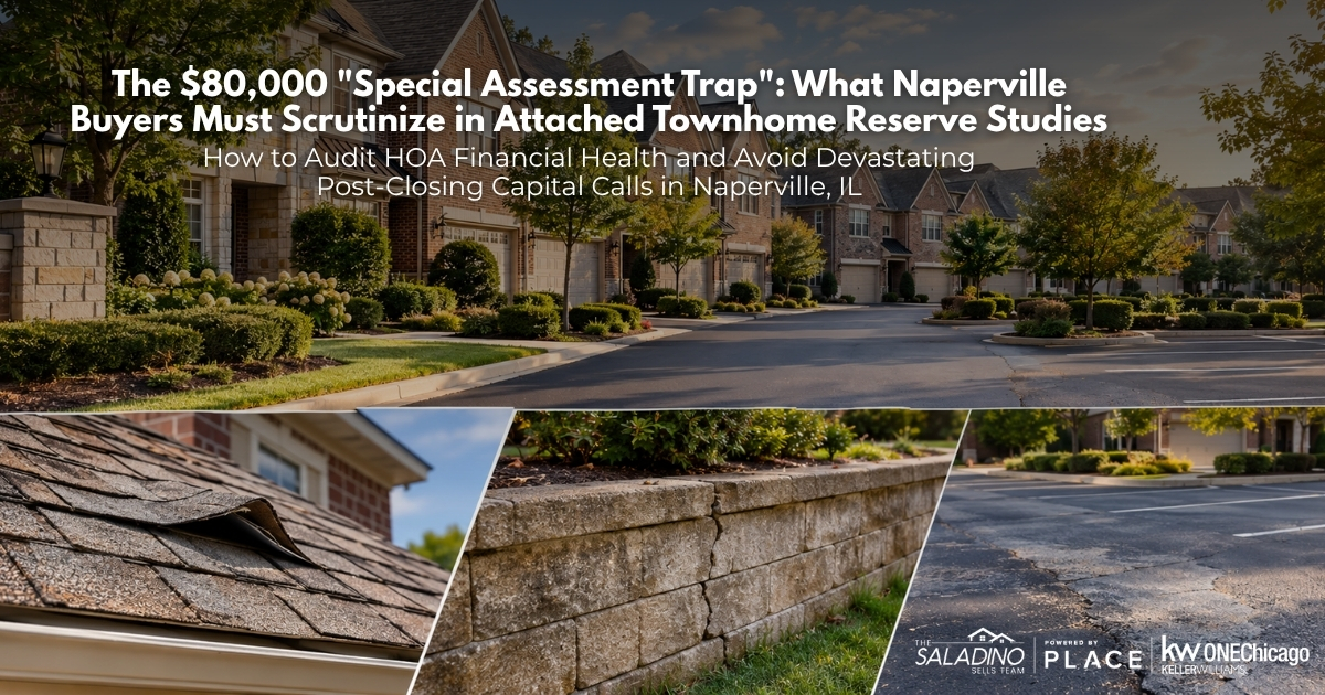 Blog banner for The Saladino Sells Team showing a Naperville townhome neighborhood at the top, with bottom close-up images of damaged roof shingles, a cracked retaining wall, and cracked asphalt paving, featuring text titled 'The $80,000 Special Assessment Trap: What Naperville Buyers Must Scrutinize in Attached Townhome Reserve Studies.