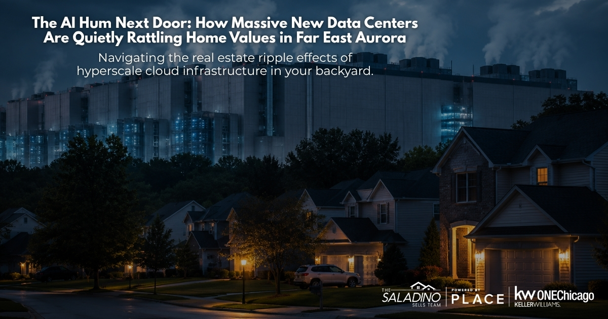 Real estate blog banner showcasing a suburban residential street in Far East Aurora at dusk, with a large industrial hyperscale cloud data center facility rising up behind the houses. Superimposed text discusses the impact of tech infrastructure and data center noise on local Illinois property values.