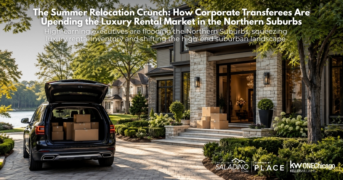 A luxury suburban home with stone and modern architecture during a bright summer day, featuring a black SUV parked in the driveway with its trunk open, loaded with moving boxes. Cardboard boxes sit stacked on the front steps. Text overlay reads: 