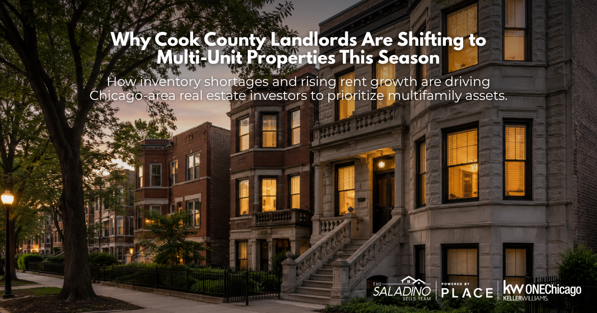 A scenic street view of classic Chicago brick and greystone multi-unit residential buildings at sunset, featuring the blog title 