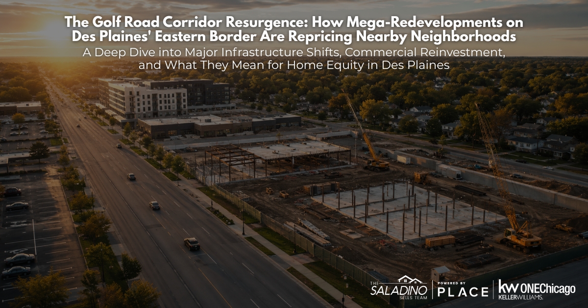 Aerial view of commercial redevelopment construction along the Golf Road corridor in Des Plaines, IL at sunset, featuring the blog title 