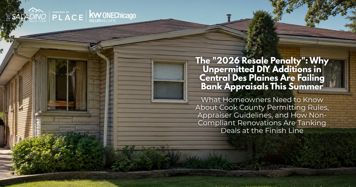 Exterior of a Central Des Plaines single-family home with a vinyl-sided room addition, featuring overlay text about 2026 home appraisals and unpermitted additions by The Saladino Sells Team.