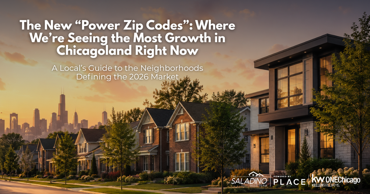 Row of modern and traditional suburban homes at sunset with the Chicago skyline in the background, titled The New Power Zip Codes for Chicagoland Real Estate in 2026 by The Saladino Sells Team.