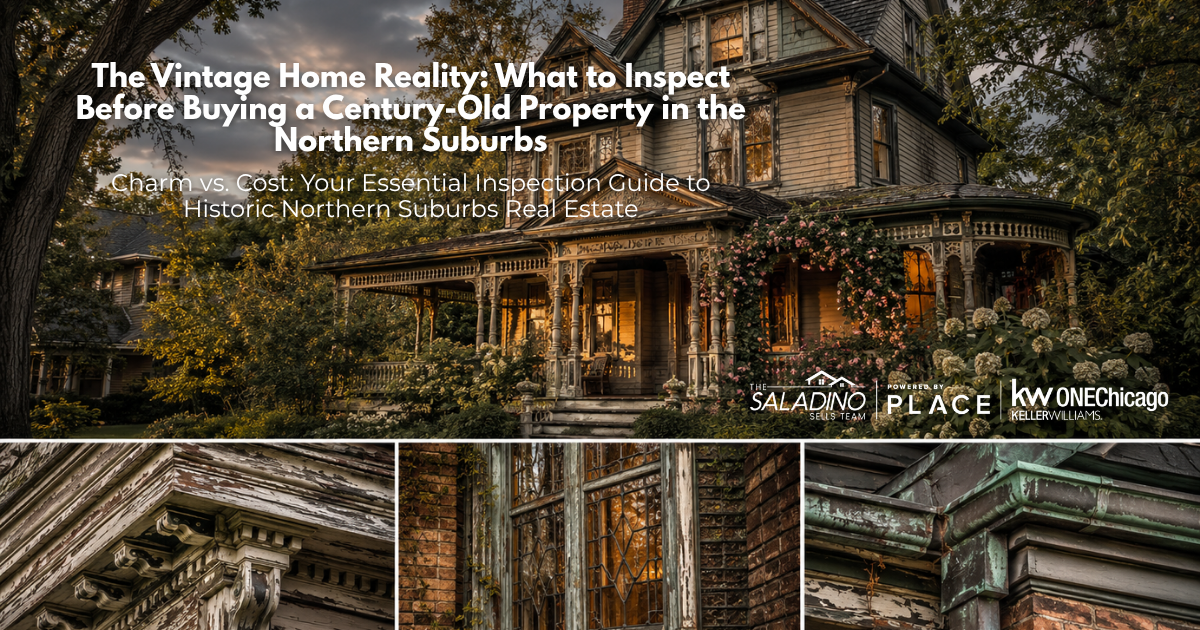 Blog banner for The Saladino Sells Team showing a historic, century-old Victorian home in the Northern Suburbs, featuring close-up details of peeling exterior paint, vintage leaded glass windows, and weathered copper gutters for a home inspection guide.