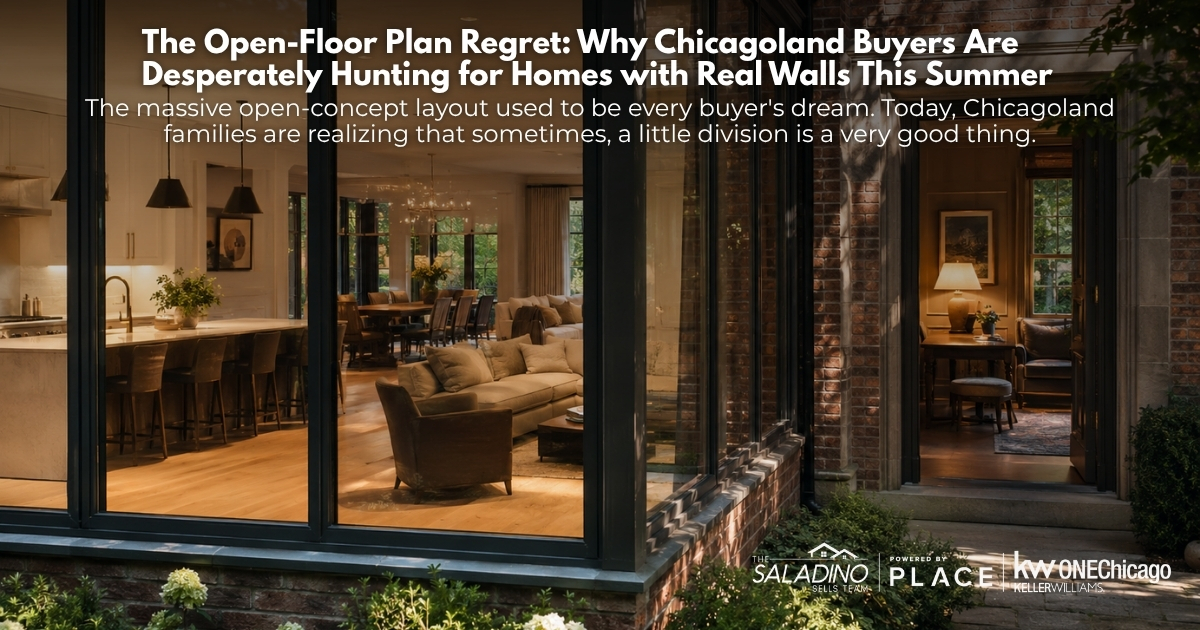 An elegant, luxury Chicagoland home at dusk showcasing a large open-concept kitchen and living room visible through expansive glass windows next to a separate, private home office with brick walls. Features text overlay reading, 
