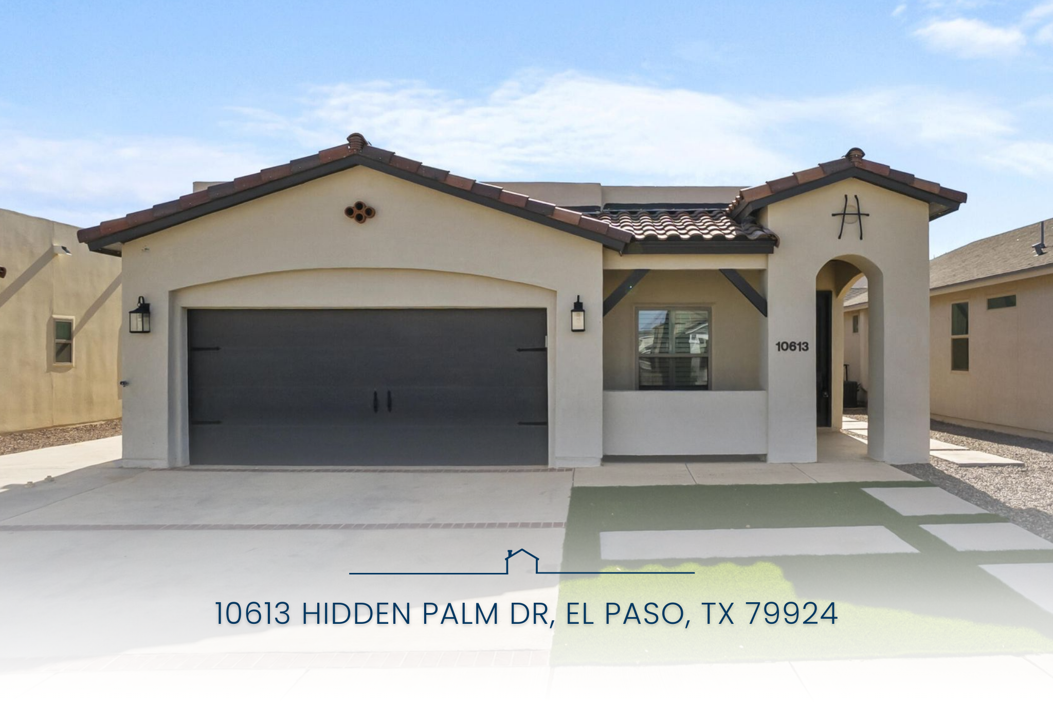 Front view of a modern single-story home at 10613 Hidden Palm Drive, El Paso, TX 79924 featuring a two-car garage, stucco exterior, and tiled roof.