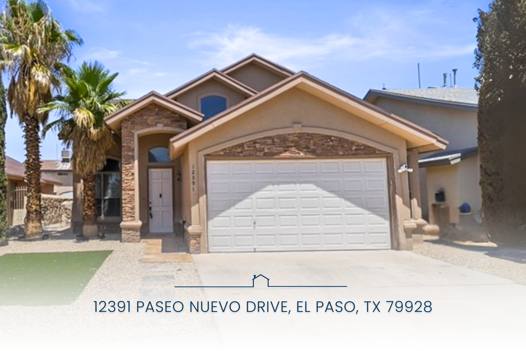 Front view of 12391 Paseo Nuevo Drive, El Paso TX 79928, a two-story home with stone accents, a two-car garage, and desert landscaping with palm trees.