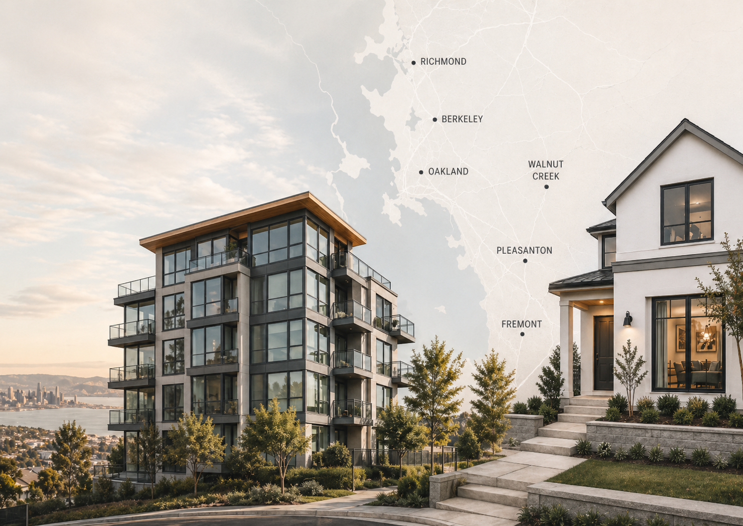 East Bay real estate buyer leverage map with condos and single-family homes in Oakland, Berkeley, Richmond, Fremont, Walnut Creek, and Pleasanton