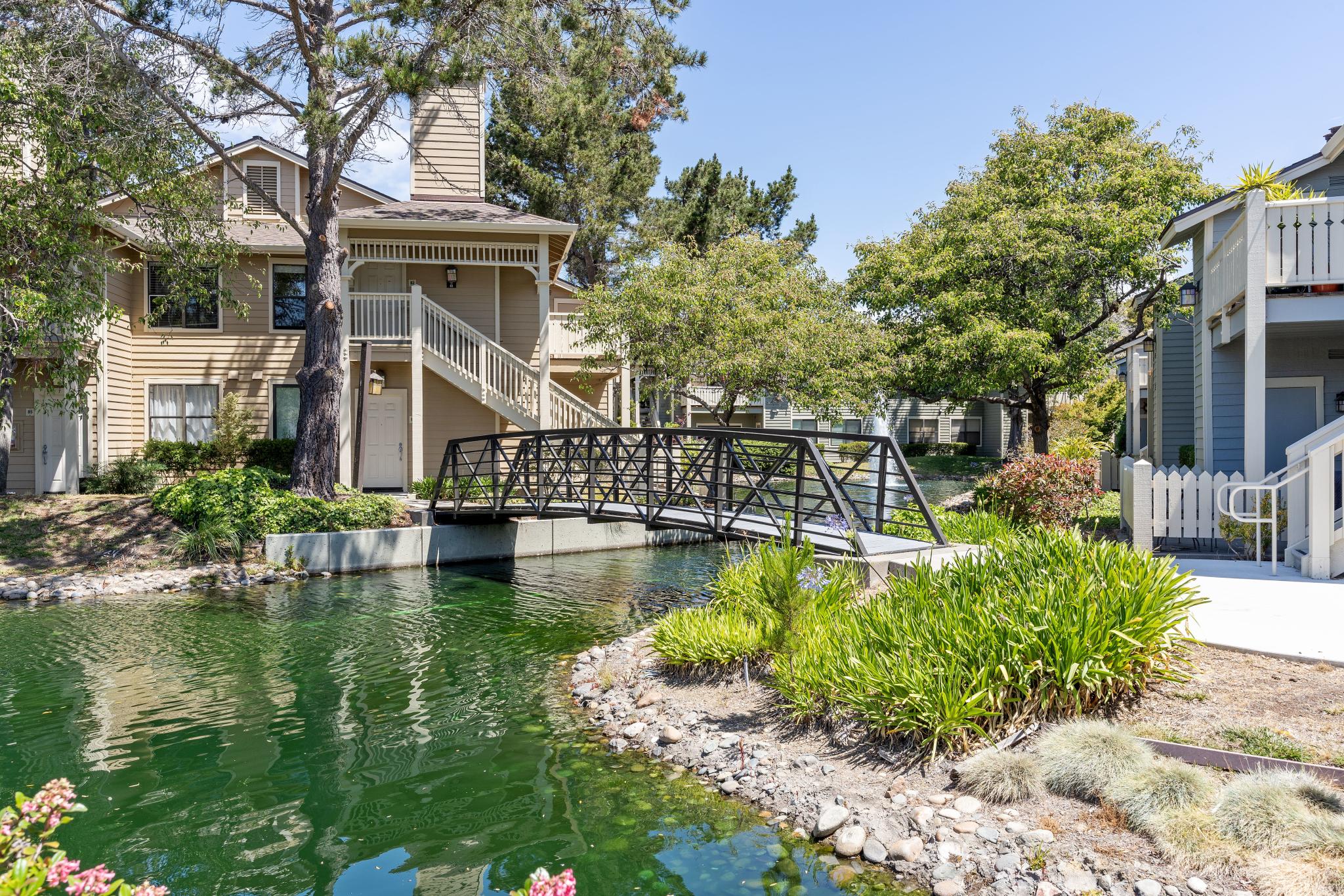 Landscaped lagoon and bridge in The Shores at Marina Bay community in Richmond