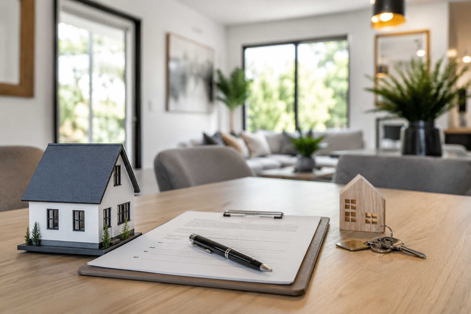 Modern East Bay home selling scene with house model, keys, and paperwork on a table, representing cleaner offers and buyer confidence.